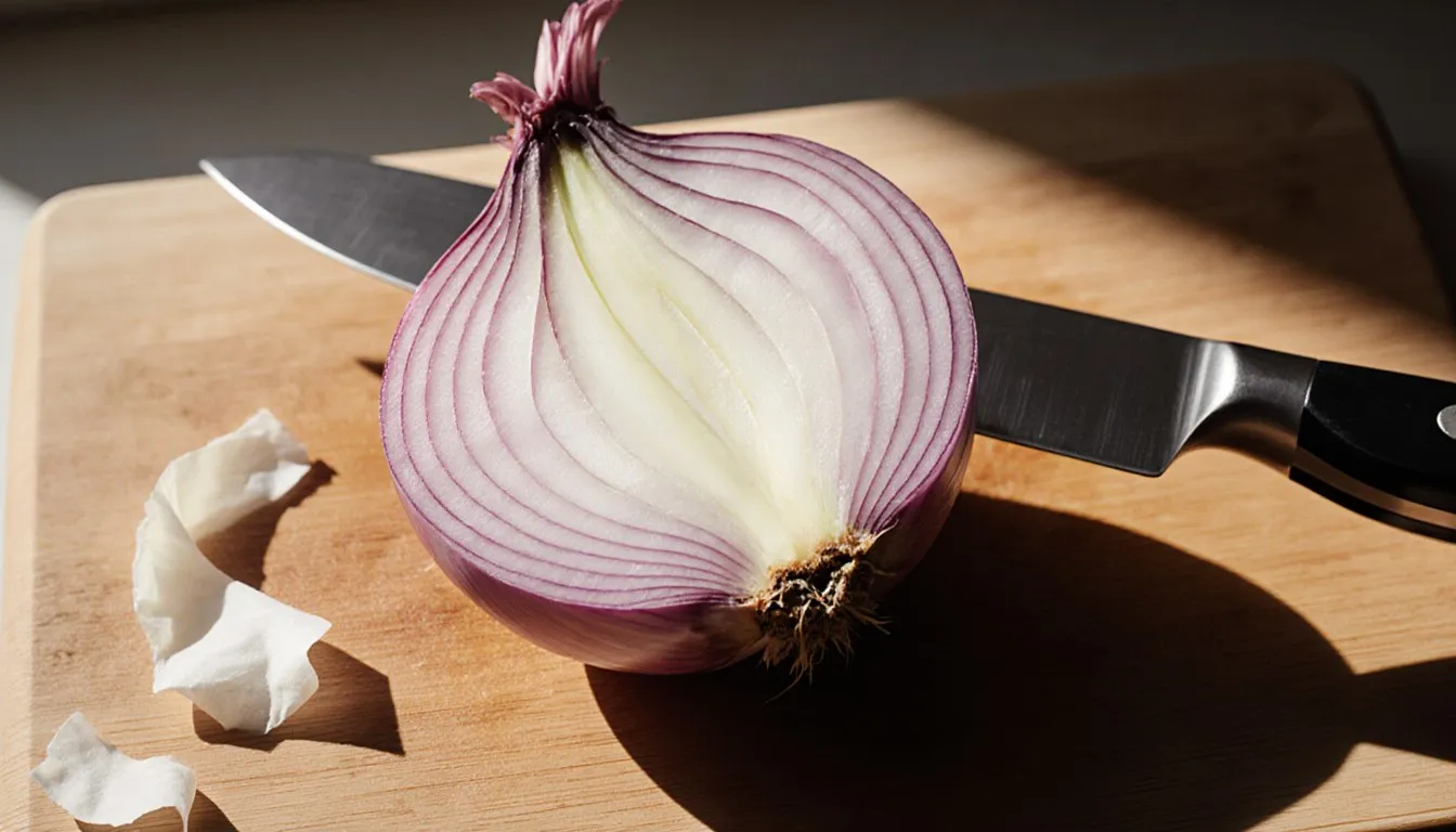 A halved onion scored with vertical and horizontal cuts on a wooden cutting board, knife beside it