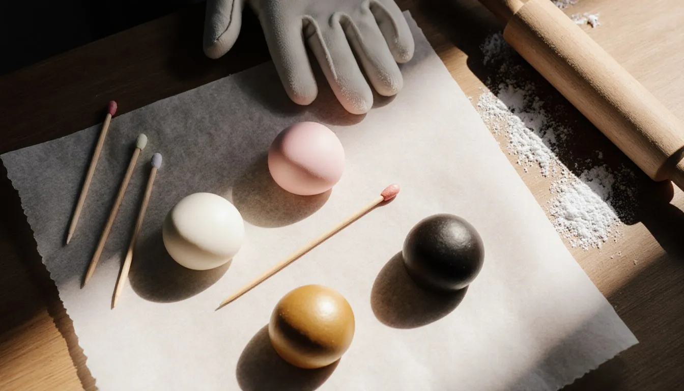 Balls of white, pink, gold, and black fondant with icing-tipped toothpicks on a baking surface