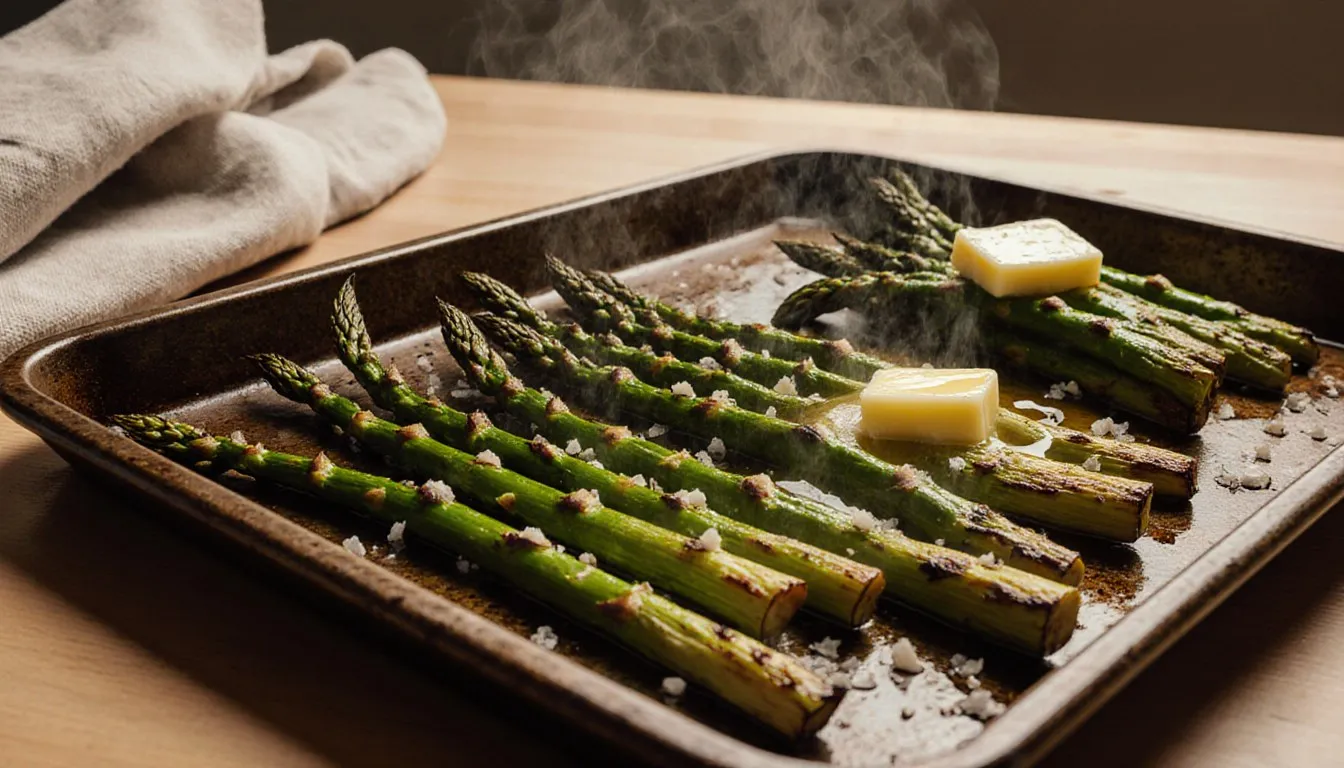 Roasted asparagus spears on a baking sheet, one batch glazed with olive oil, another finished with melted butter