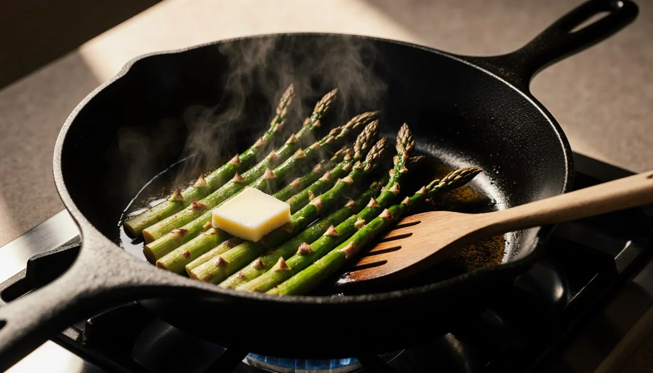Fresh asparagus spears sizzling in a hot skillet on the stovetop