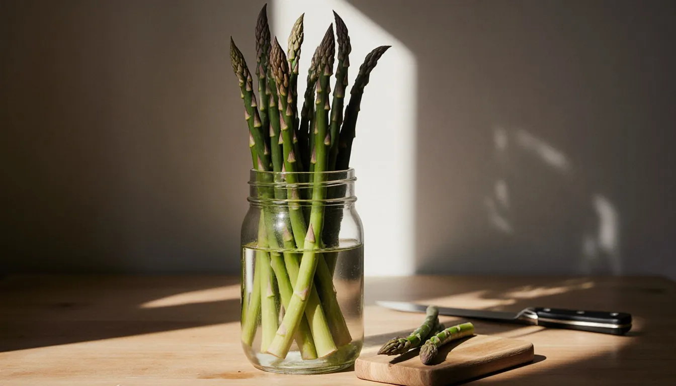 Fresh asparagus spears standing upright in a glass of water on a kitchen counter beside loose stalks and a knife