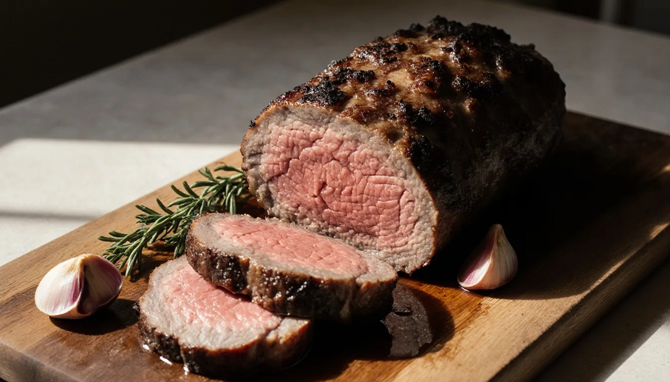 Sliced bottom round beef roast on a wooden board with garlic and thyme