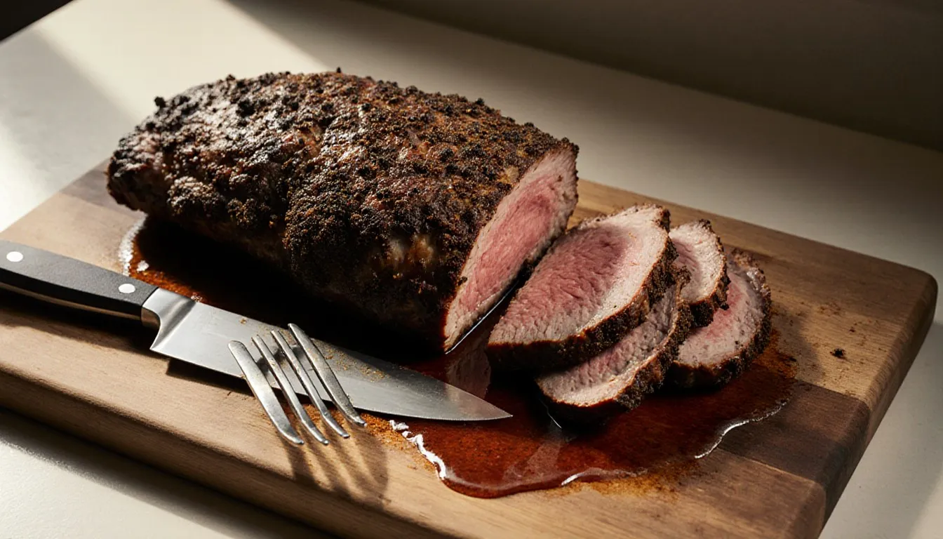 A spice-rubbed beef brisket sliced open on a cutting board, showing its tender pink interior.