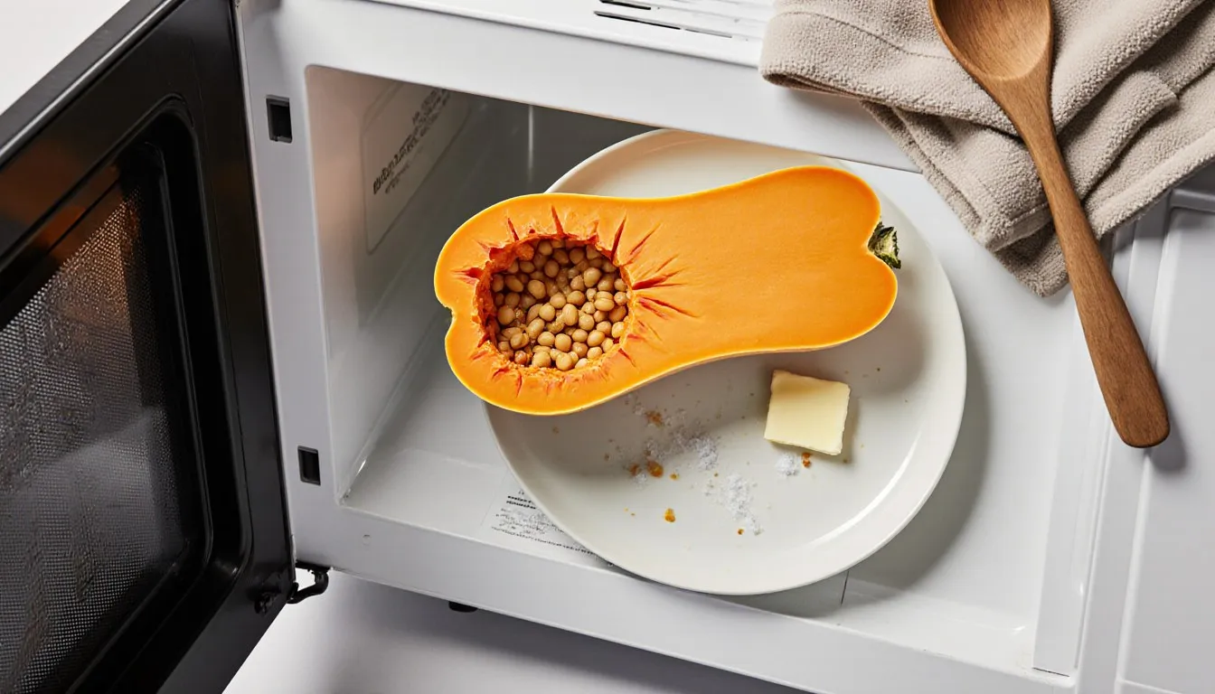 A halved butternut squash with scored, buttered flesh set on a plate inside a microwave