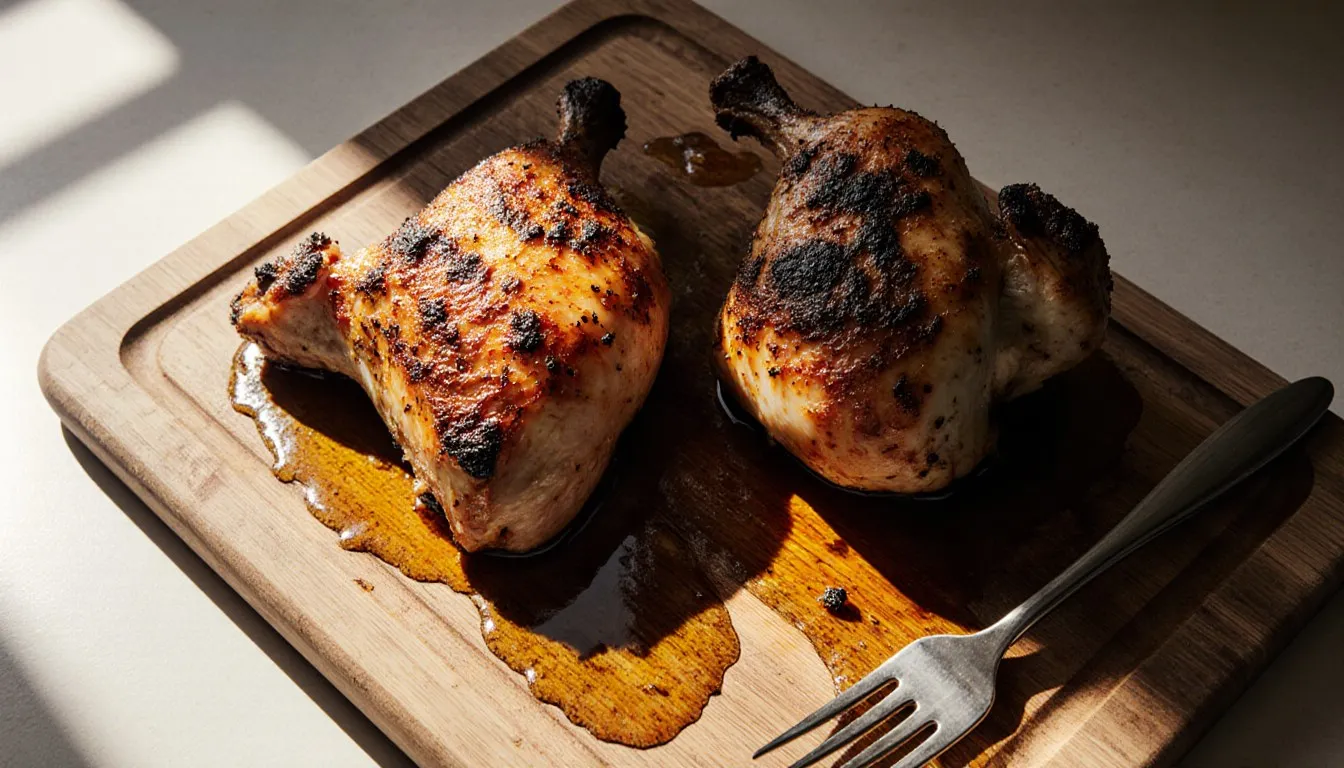 Two roasted bone-in chicken pieces with blistered, browned skin resting on a wooden cutting board, juices pooling, a carving fork beside them