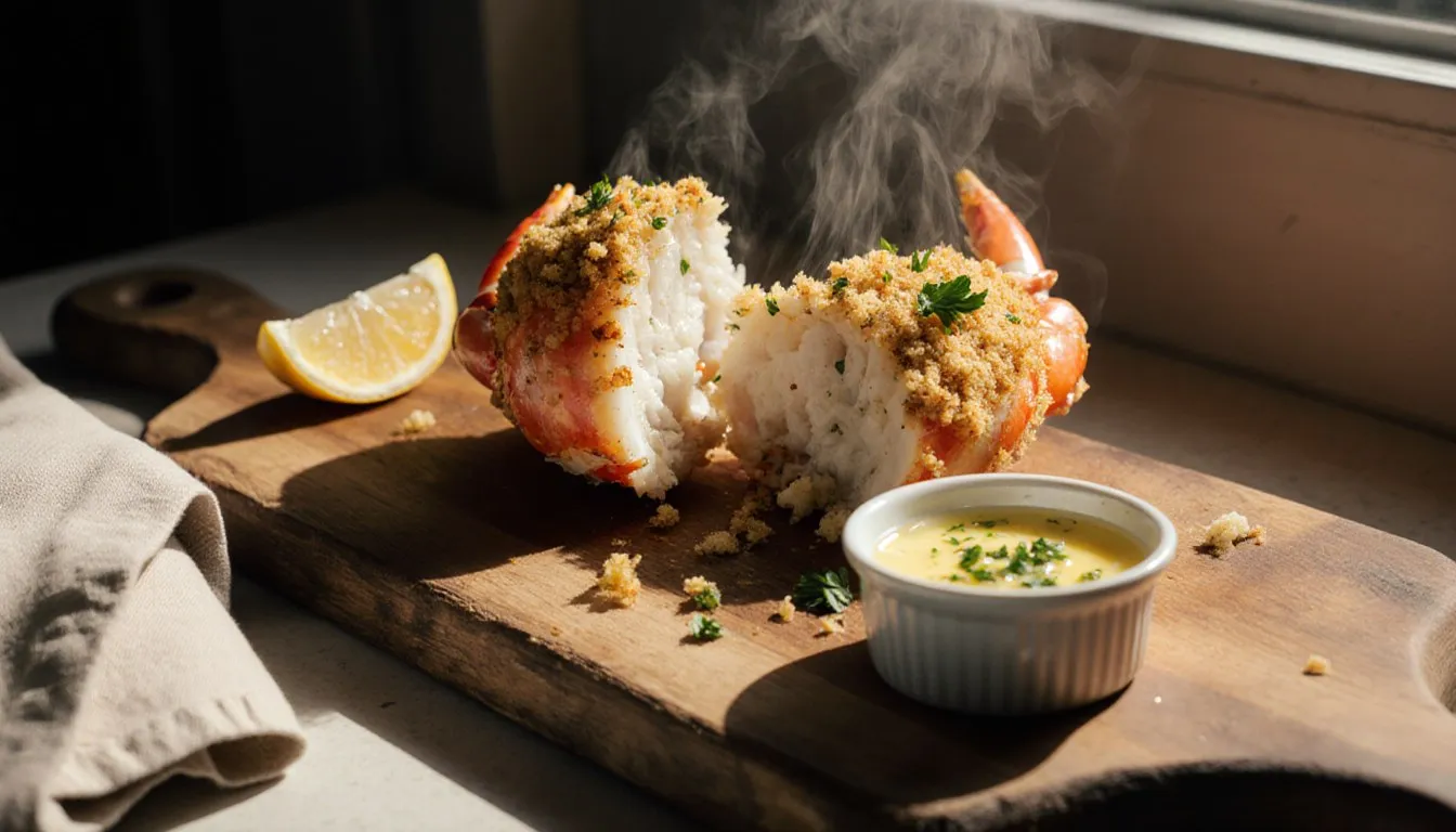 Oven-baked king crab legs cracked open with golden breadcrumb topping and a side of melted garlic butter