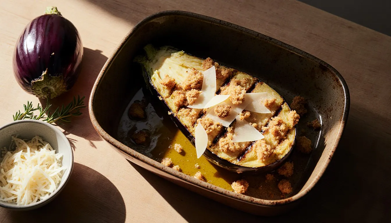 Roasted eggplant half topped with melted Parmesan and breadcrumbs beside a whole raw eggplant