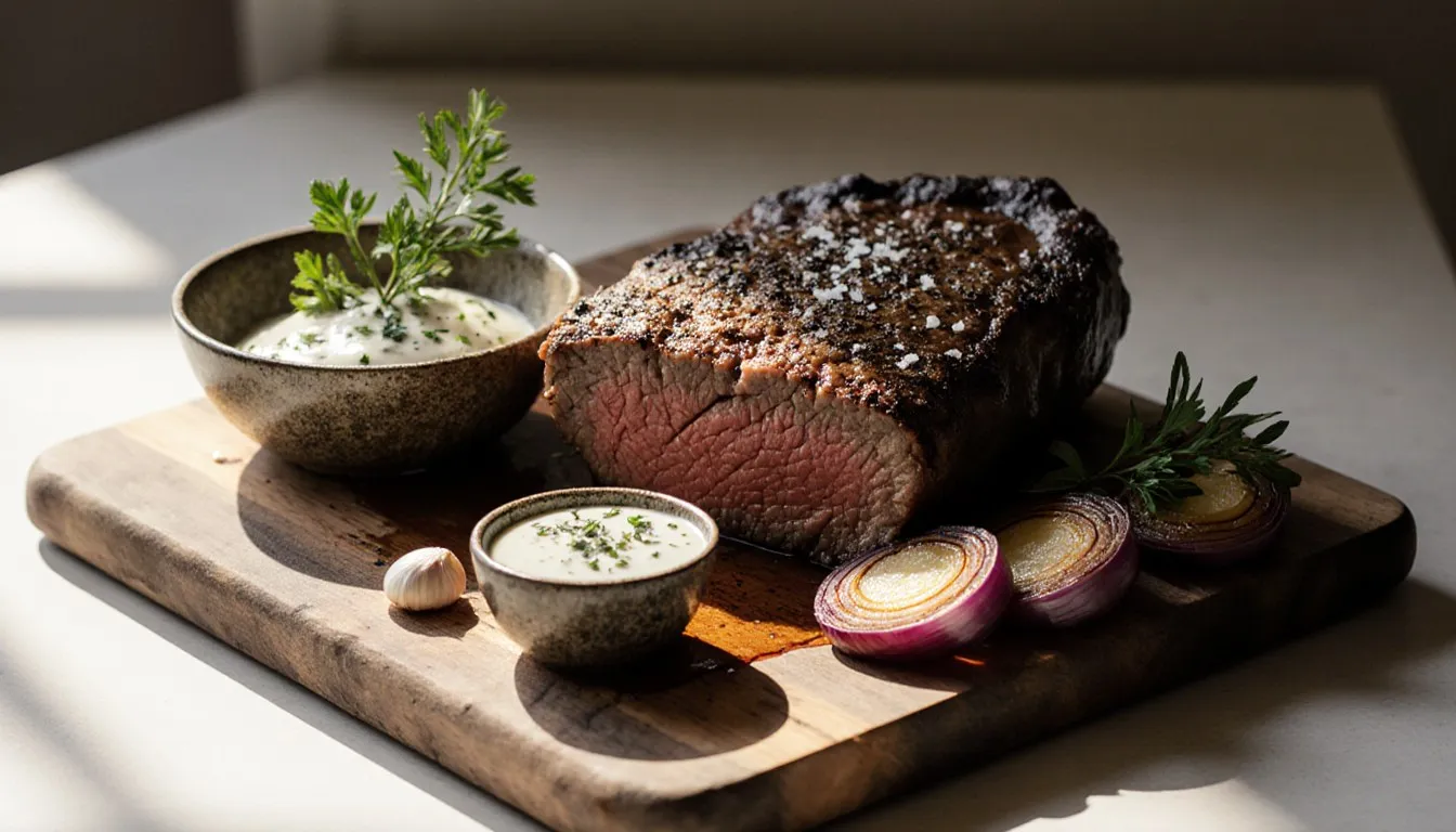 Sliced roasted eye of round steak with pink center, roasted onions, and horseradish sauce on a wooden board