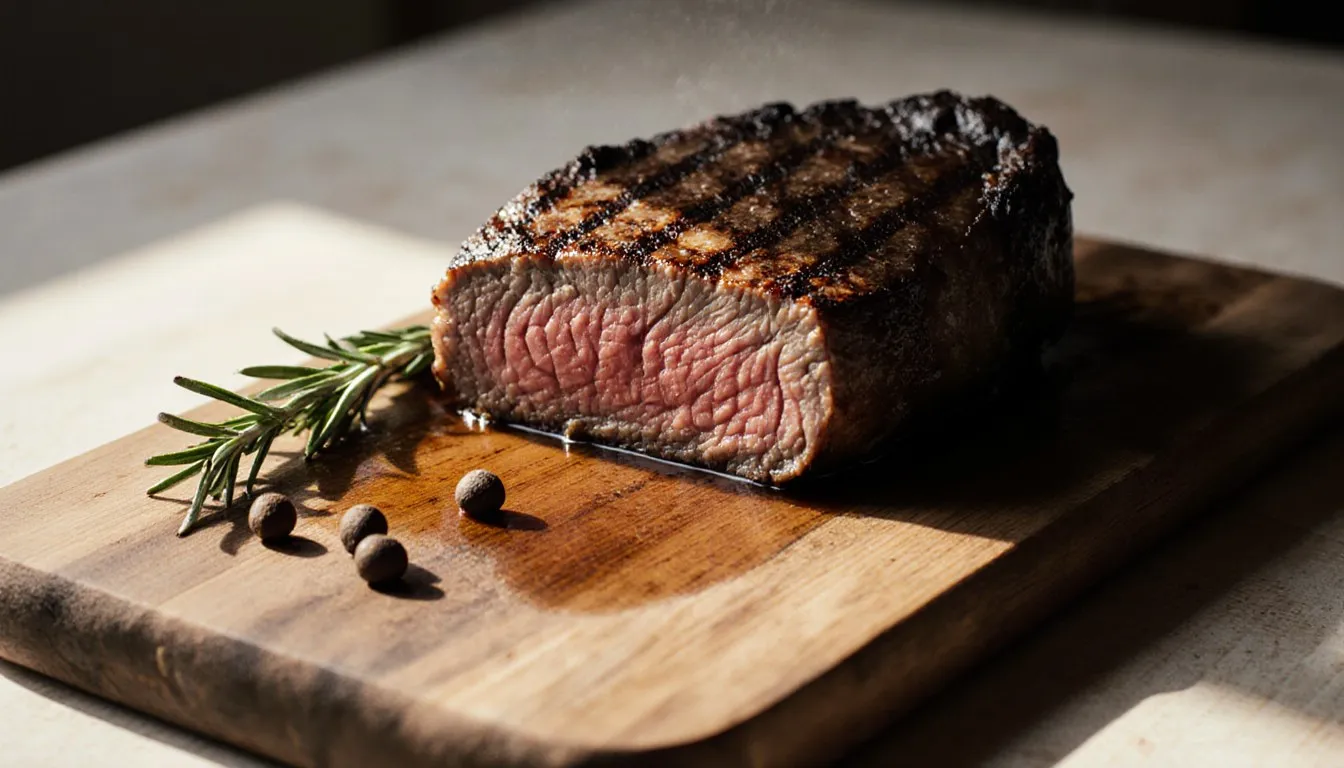 A seared filet mignon steak sliced open to show a pink medium-rare center, resting on a wooden board