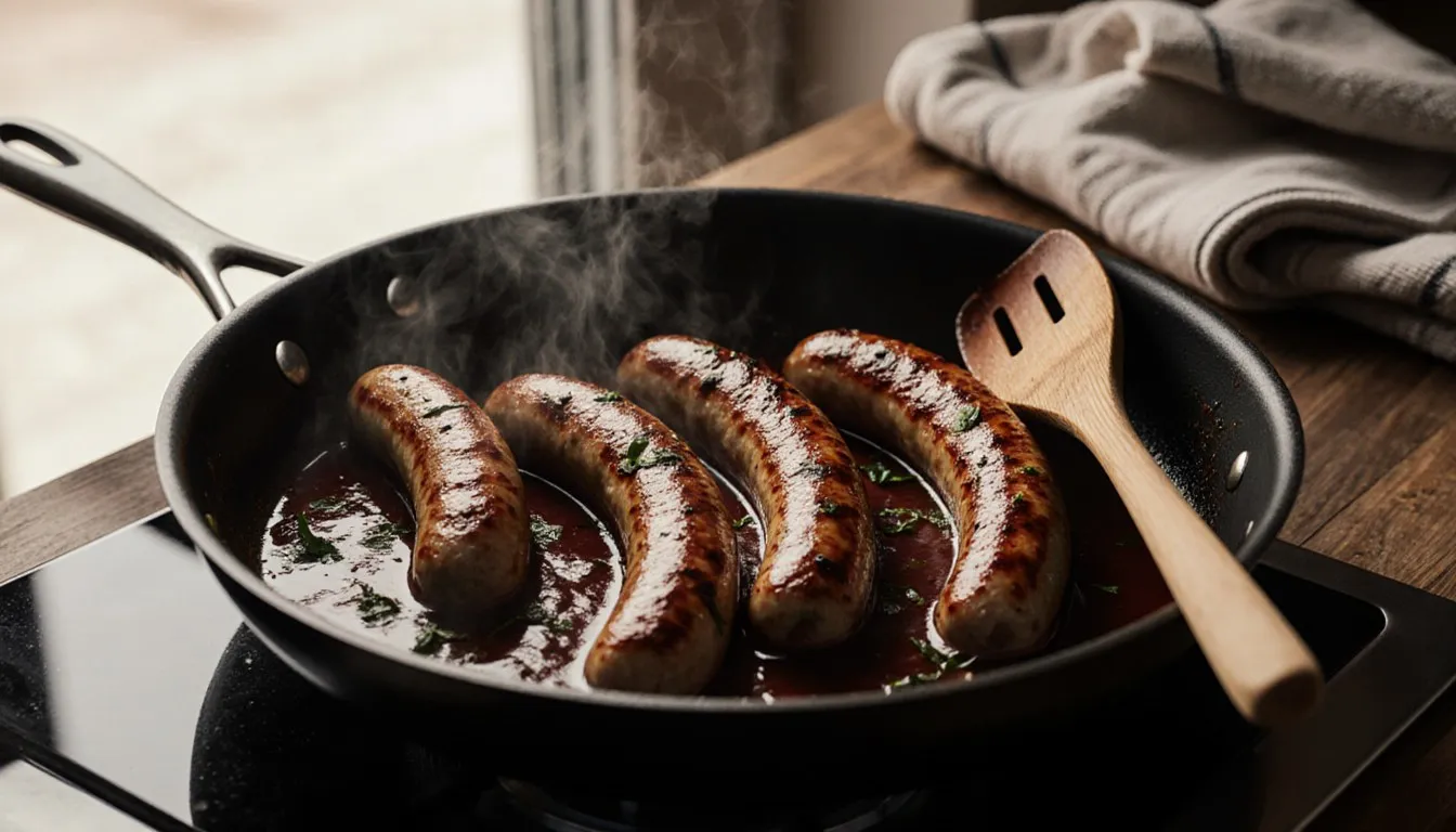 Browned Italian sausages simmering in a wine pan sauce in a skillet