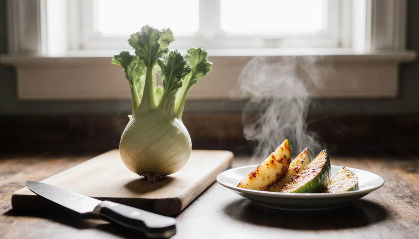 A raw kohlrabi bulb beside a plate of golden roasted kohlrabi wedges on a wooden counter