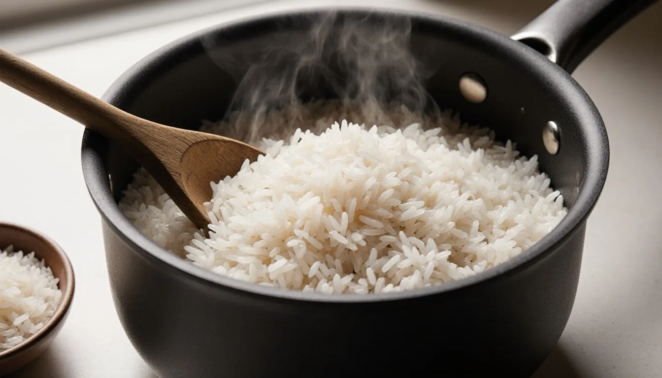 A pot of fluffy, freshly cooked long-grain rice with a wooden spoon resting in it