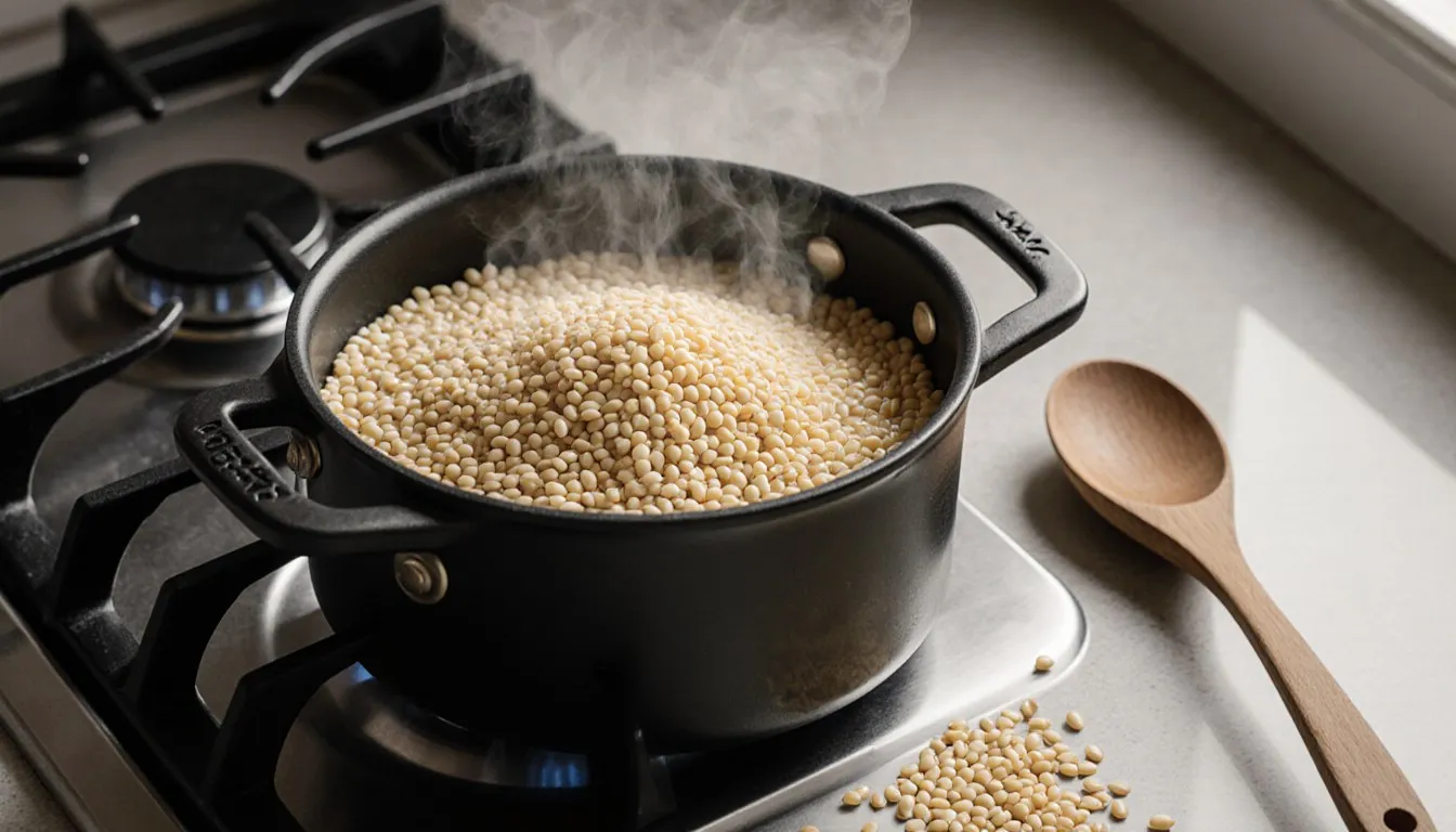 A pot of fluffy cooked millet grains steaming on a stovetop beside a wooden spoon