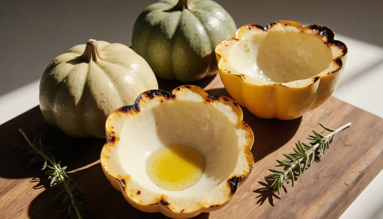Halved roasted pattypan squash beside whole scallop-shaped pattypan squashes on a wooden board