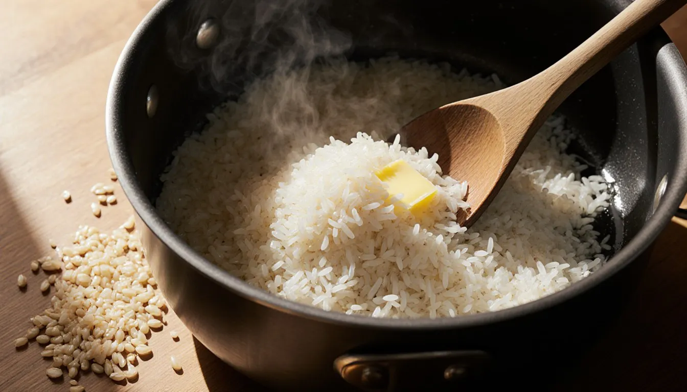 Arborio rice grains toasting in butter in a wide pot, edges turning translucent as a wooden spoon stirs