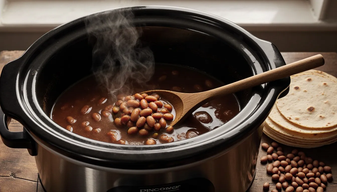 Slow-cooked pinto beans simmering in a crock pot with a wooden spoon and warm tortillas alongside