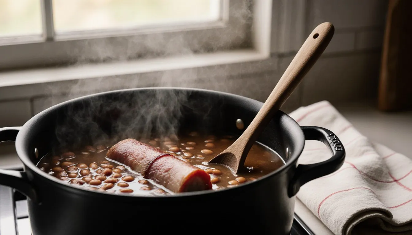 A pot of freshly cooked pinto beans simmering with a piece of ham hock in thick broth
