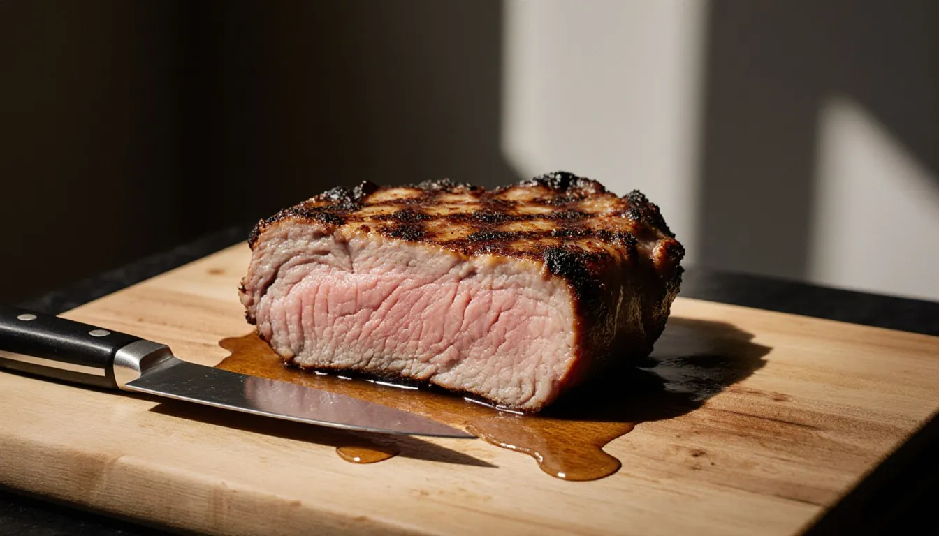 A thick grilled pork chop cut in half on a wooden cutting board, the interior pale pink and juicy, a chef's knife resting beside it