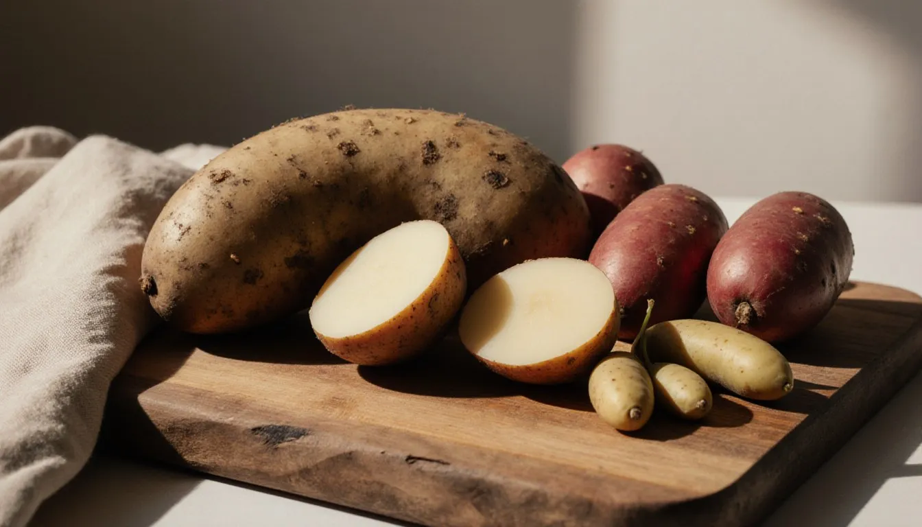 Russet, red, and fingerling potatoes arranged on a wooden board, one sliced open to show its flesh