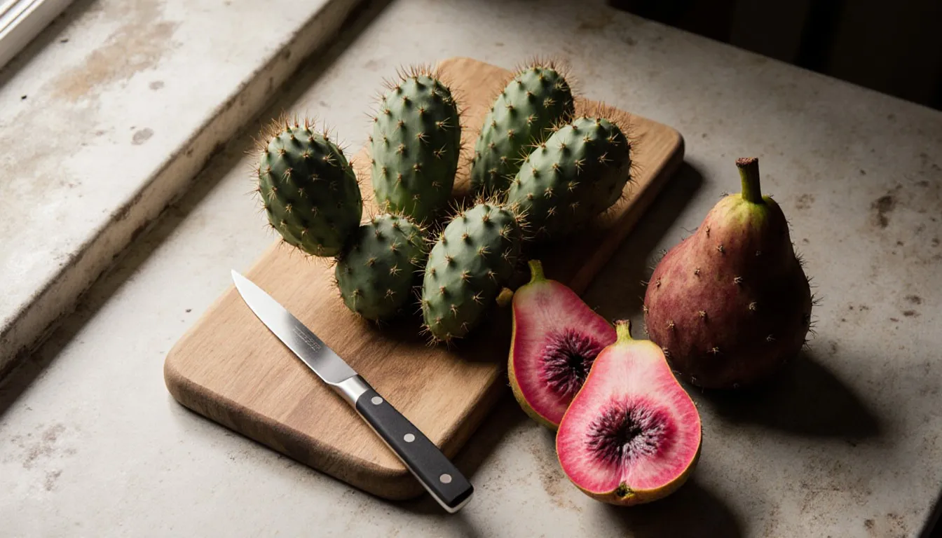 Trimmed nopales cactus pads and halved prickly pears on a wooden cutting board