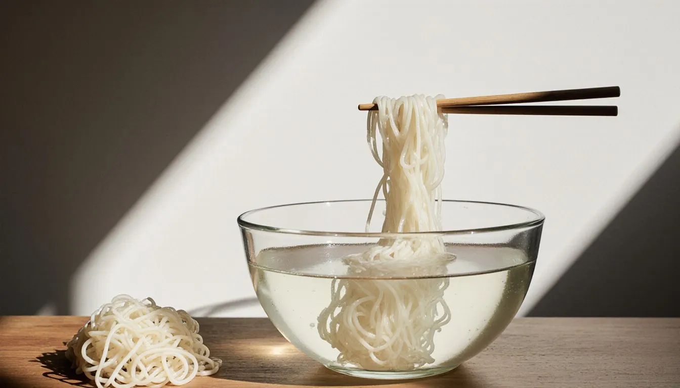 Translucent rice noodles soaking in a glass bowl of warm water, lifted with chopsticks