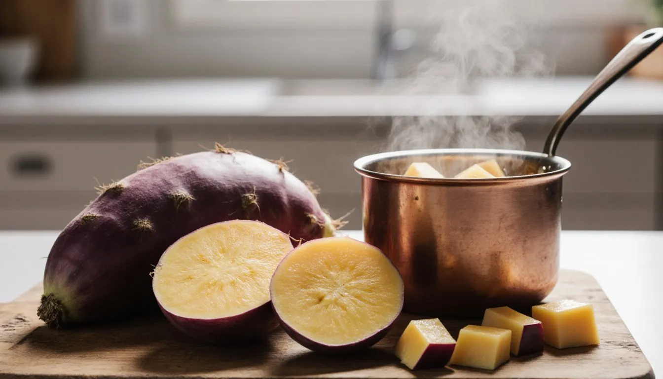A halved rutabaga beside cubed pieces and a pot of boiled rutabaga chunks on a wooden kitchen counter
