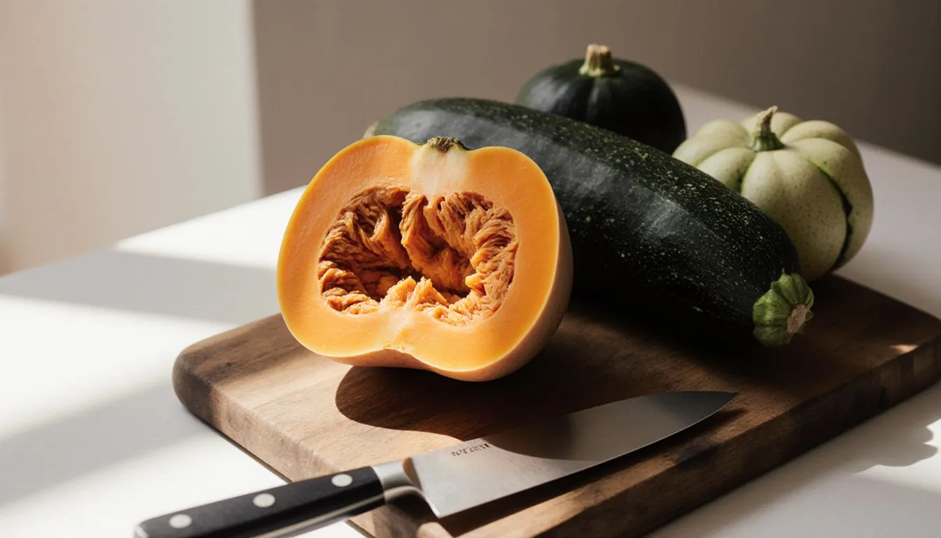 A halved winter squash beside a large zucchini, a dark acorn squash, and a white patty pan on a cutting board