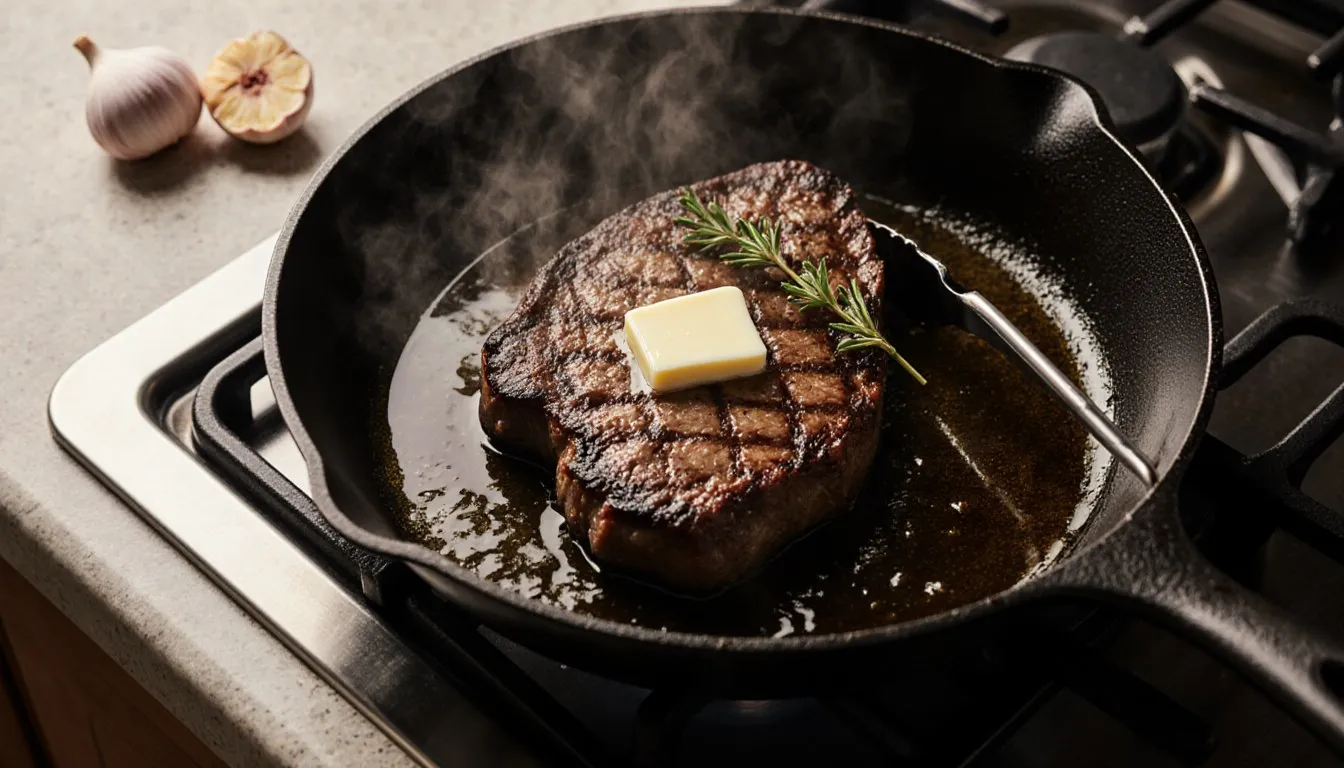 A thick steak searing in a cast iron skillet with a pat of butter and a rosemary sprig on top, a head of garlic on the counter beside the stove