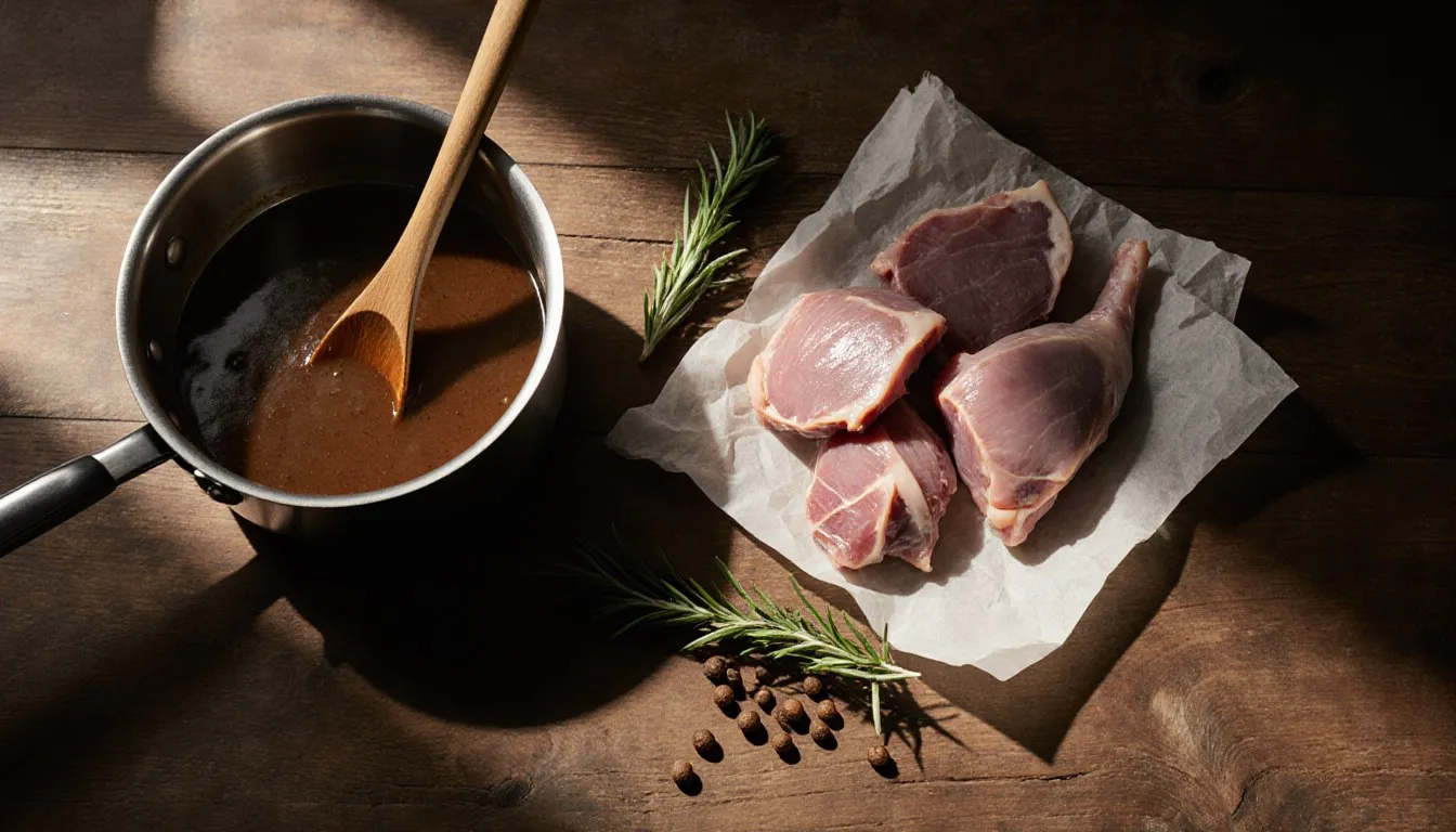 Raw turkey giblets beside a pan of simmering giblet gravy on a wooden counter