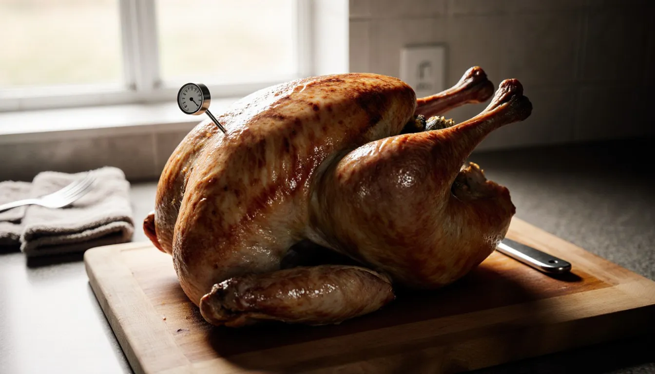 A whole roasted turkey, breast side up with deep golden skin, on a wooden carving board by a window, a small dial thermometer inserted into the breast