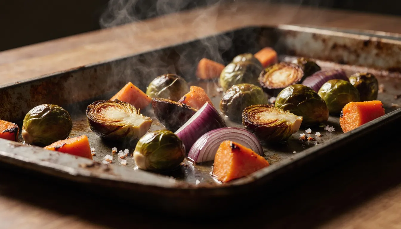 A sheet pan of roasted vegetables with deeply caramelized, browned edges