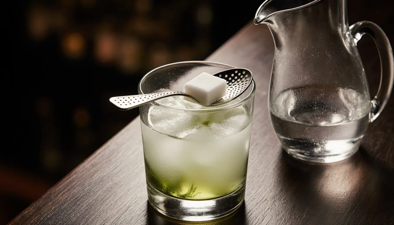 Absinthe louching in a glass beneath a slotted spoon and sugar cube, water pitcher poised alongside