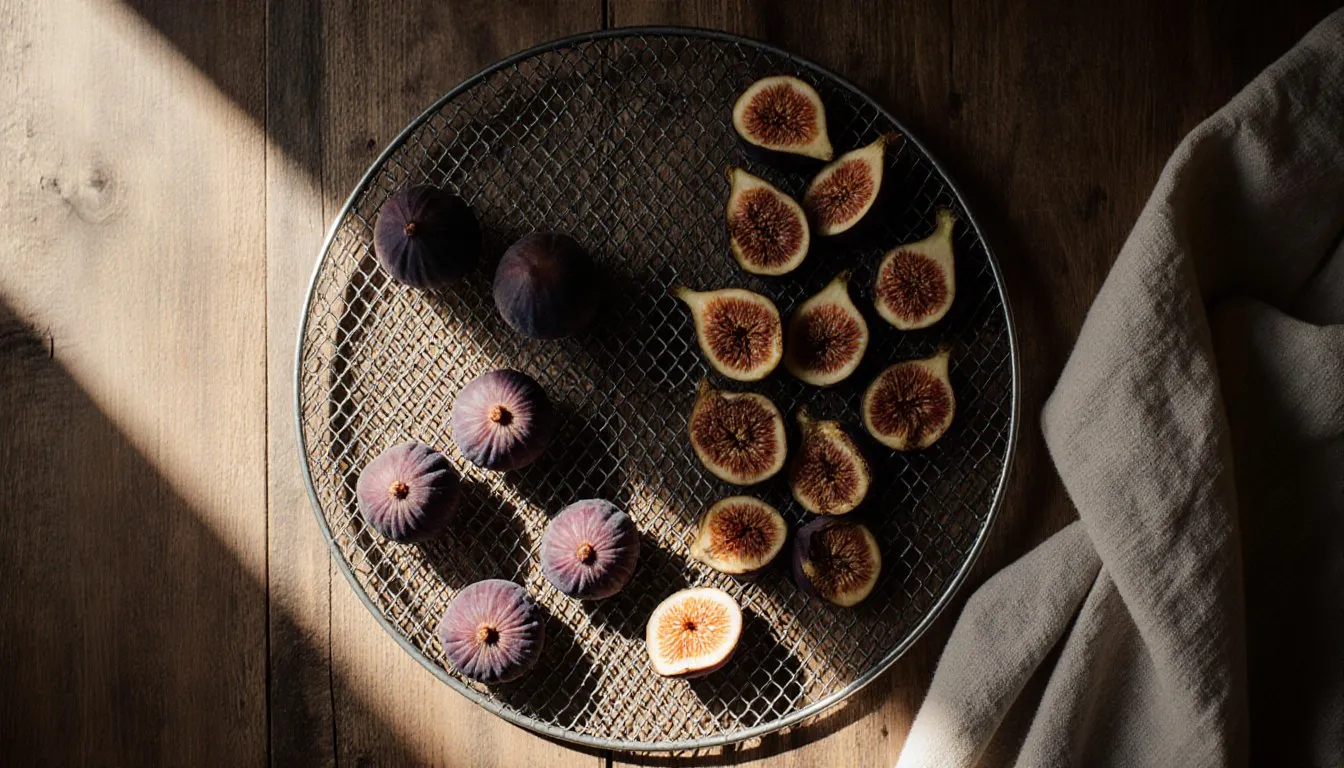 Fresh figs and dried fig halves arranged on a wire dehydrator tray in warm sunlight
