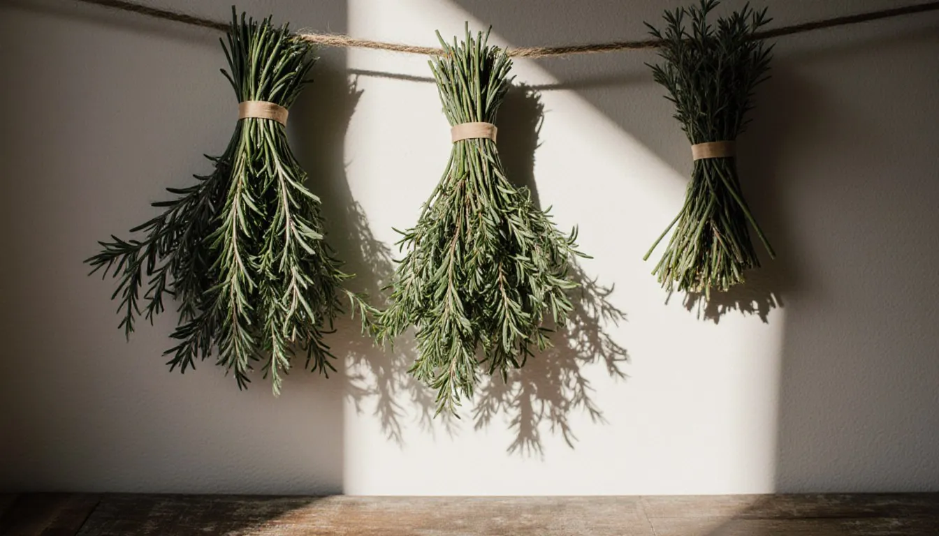 Three small rosemary bundles banded at the stems and hung upside down on a length of twine to air-dry against a sunlit wall