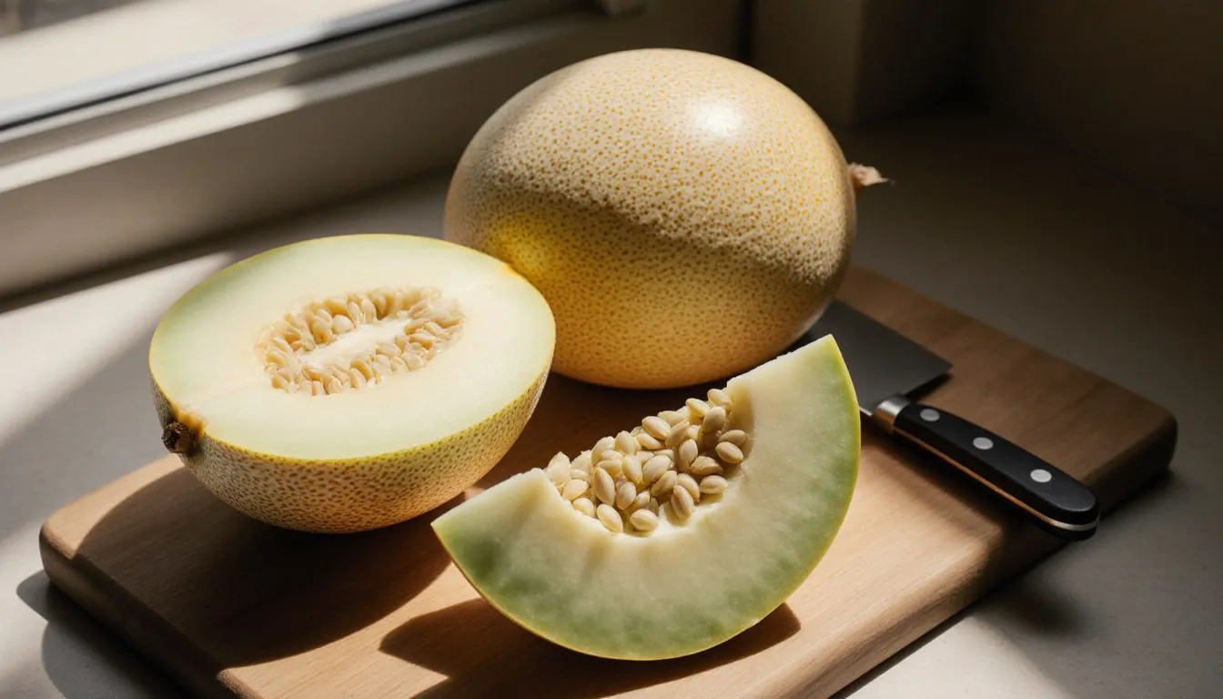 A whole Korean melon beside wedges showing its pale flesh and edible seeds on a wooden board