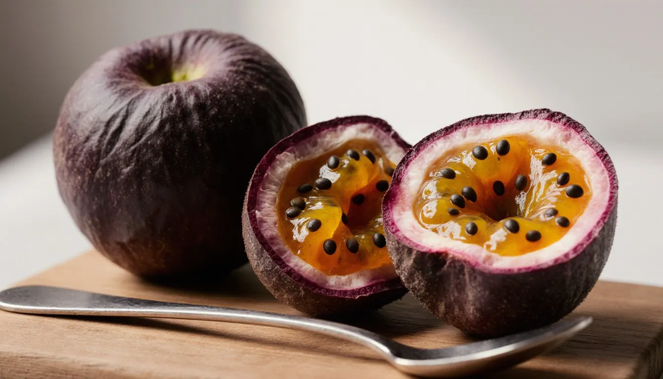 A passion fruit sliced in half showing its seed-filled pulp, next to a whole uncut fruit