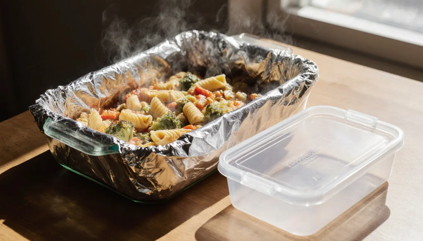 A cooled casserole wrapped in foil beside an airtight plastic container, ready for freezing