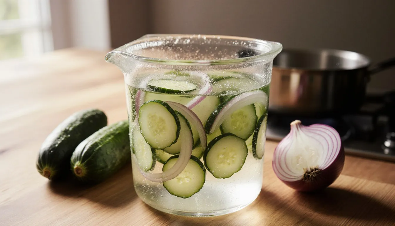 Sliced cucumbers and onions in brine inside a glass container, ready for freezing, with fresh cucumbers nearby