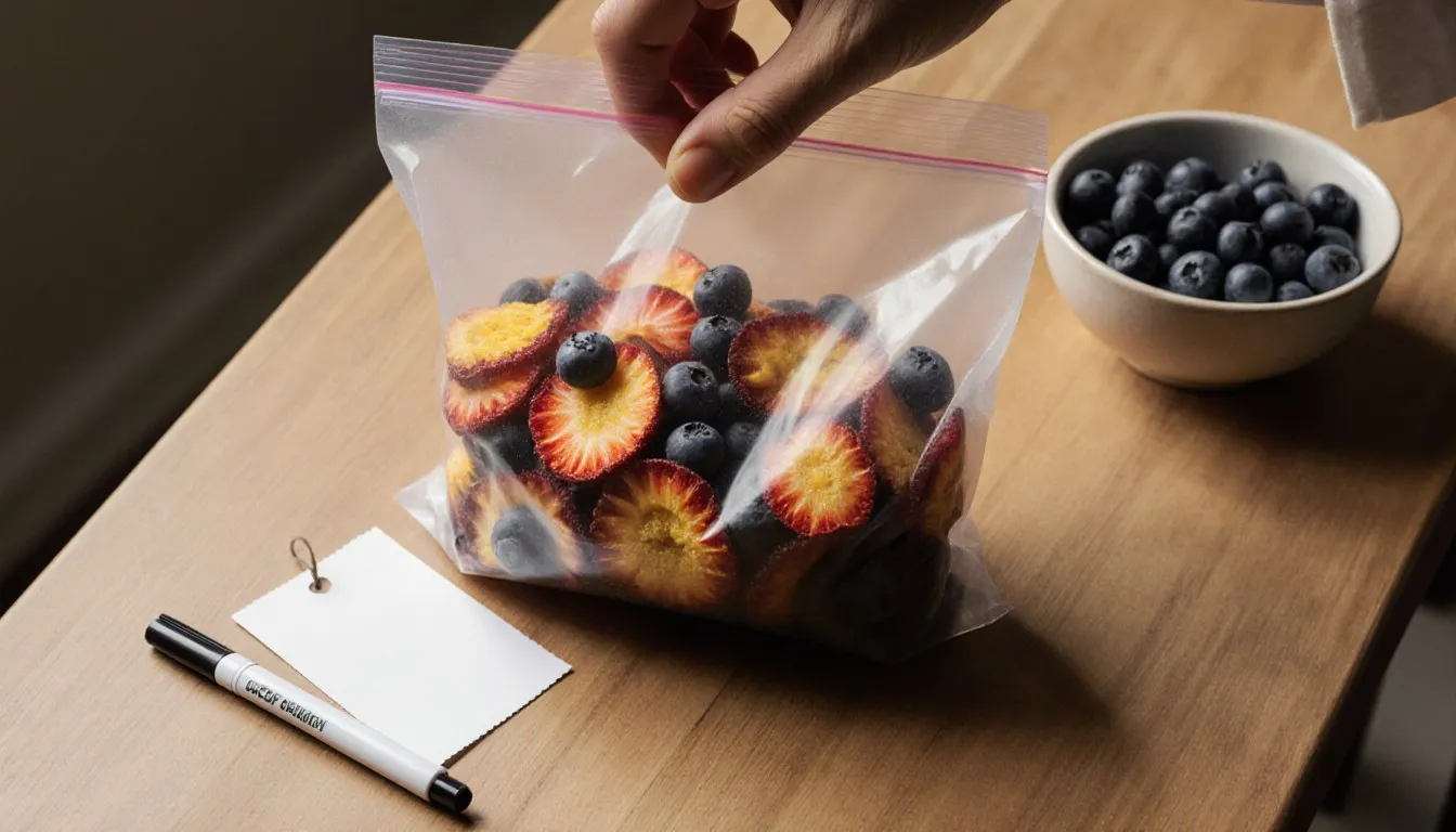 Freeze-dried fruit pieces being sealed into a labeled freezer bag on a kitchen counter