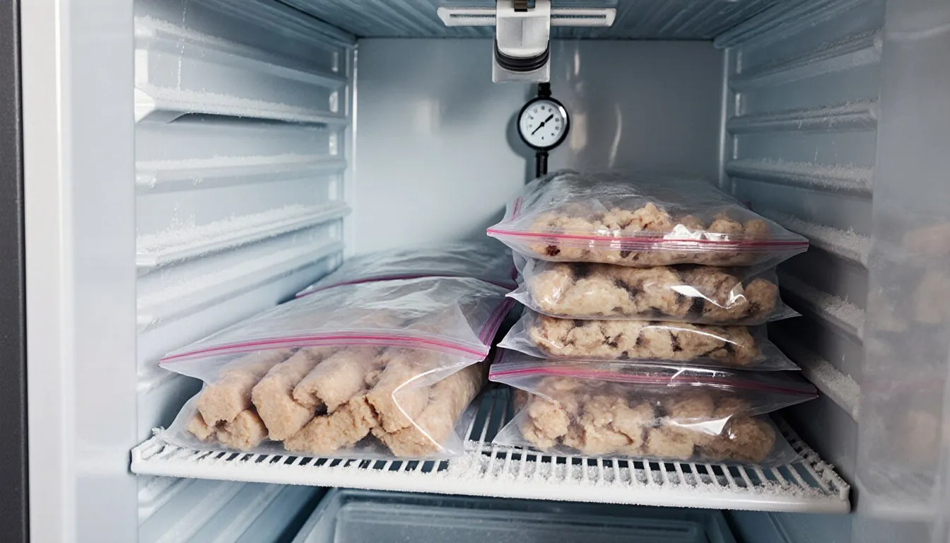 Zip-top bags of frozen food stacked flat on a frosted freezer shelf below a small dial thermometer