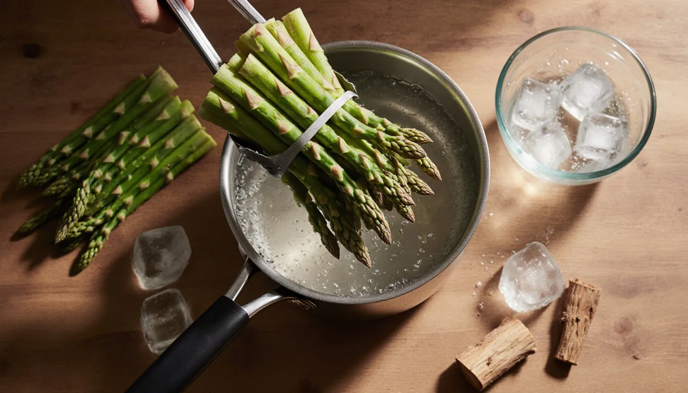 Fresh asparagus spears sorted by thickness being blanched in boiling water beside a bowl of ice water