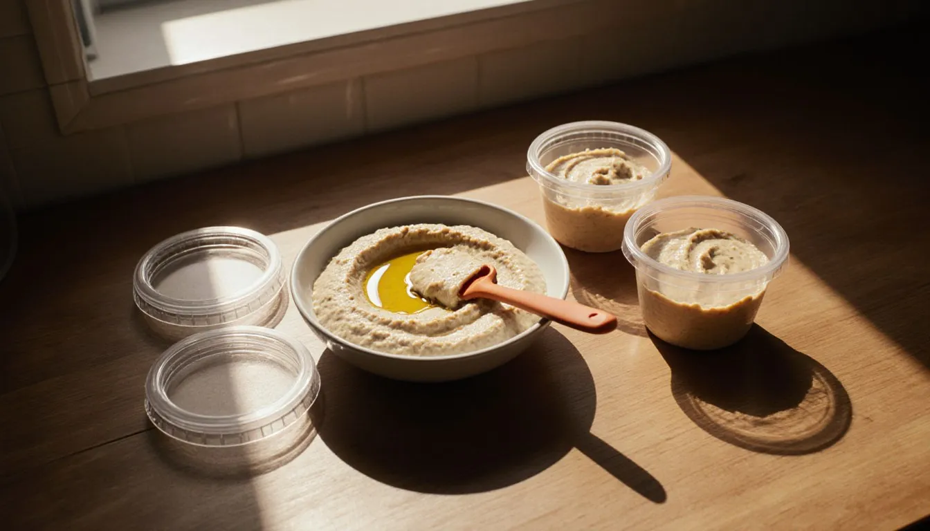 Hummus being portioned into small containers from a bowl for freezing