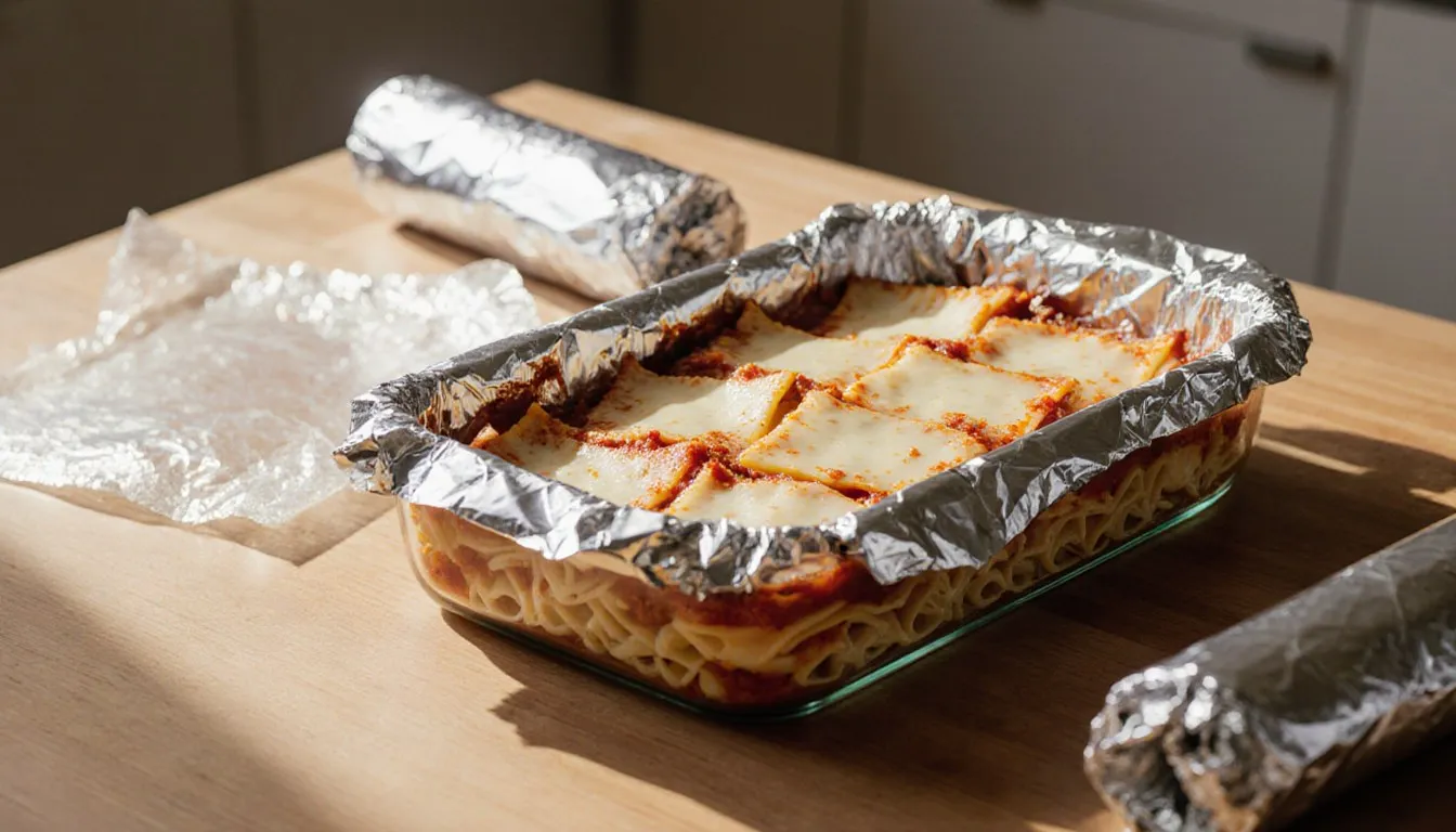 An unbaked lasagna in a glass dish being wrapped in foil and plastic wrap for freezing