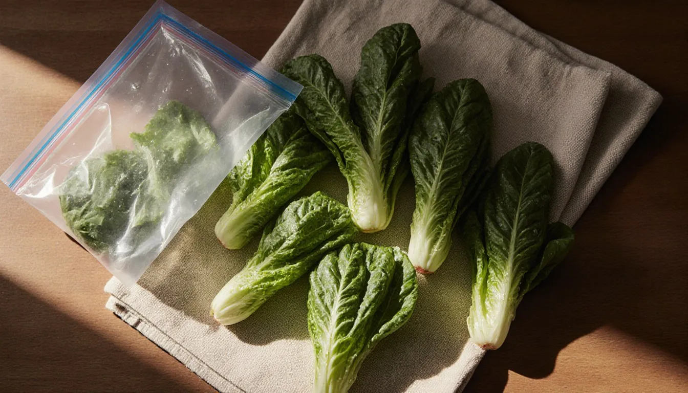 Fresh lettuce leaves drying on a kitchen towel next to an open freezer bag, prepped for freezing