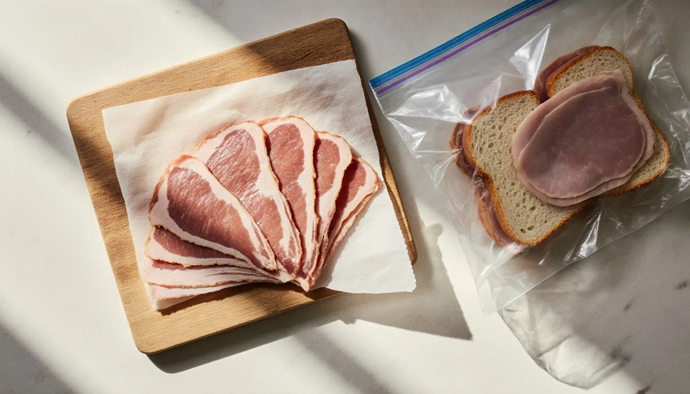 Sliced deli meat separated with wax paper and packed into a freezer bag next to a wrapped sandwich