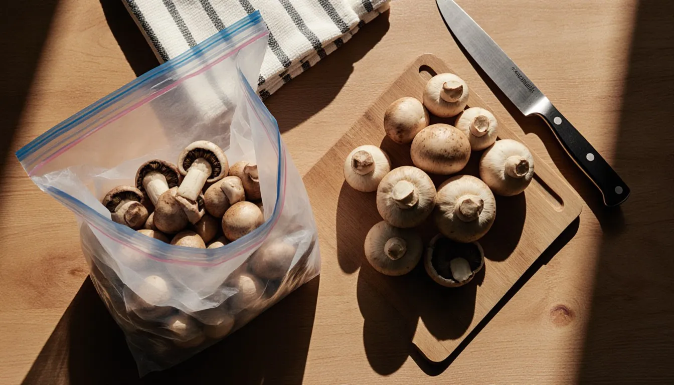 Fresh whole and sliced mushrooms beside an open freezer bag, prepared for freezing