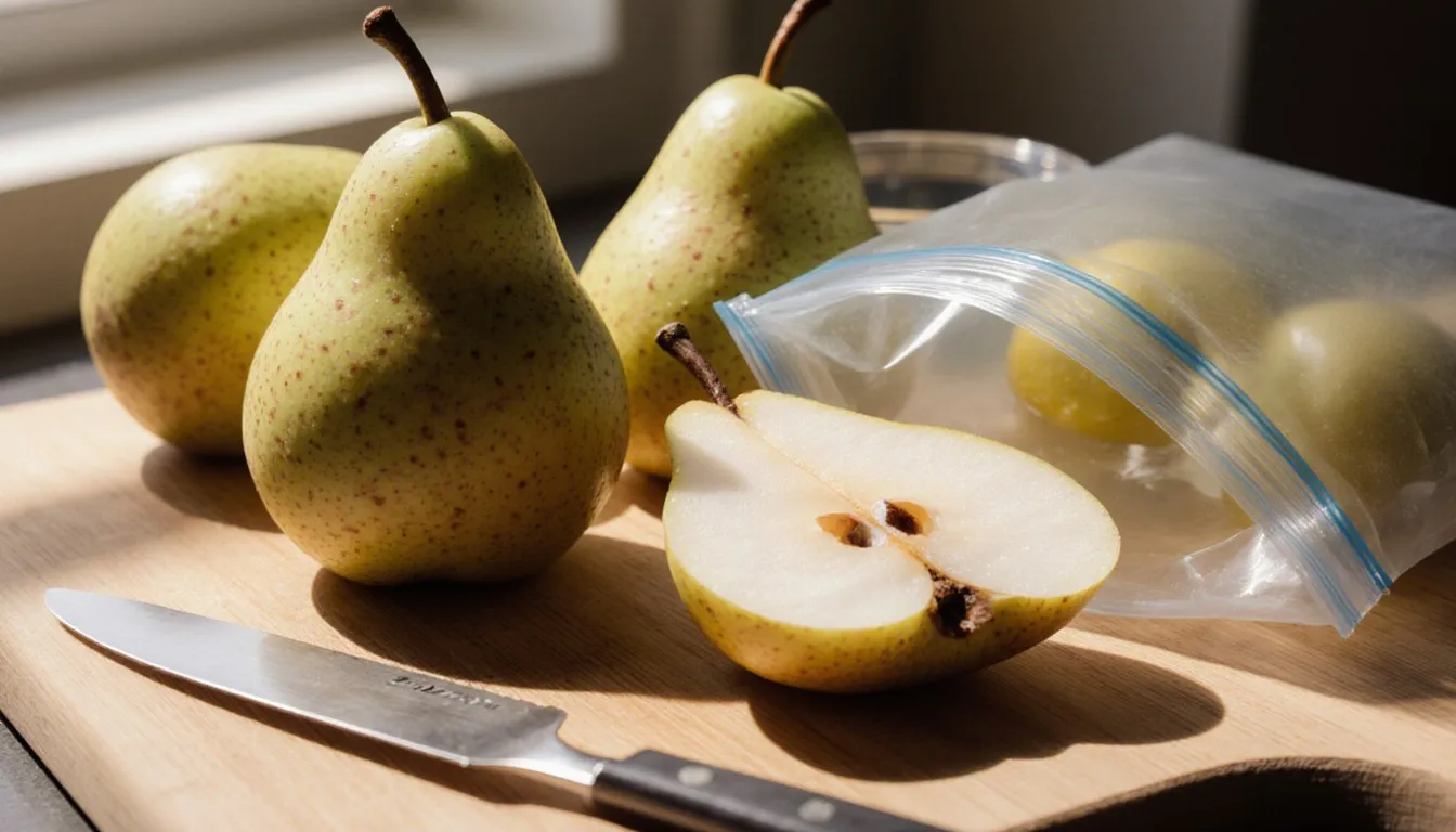 Fresh pears, one halved, arranged beside an open freezer bag for freezing