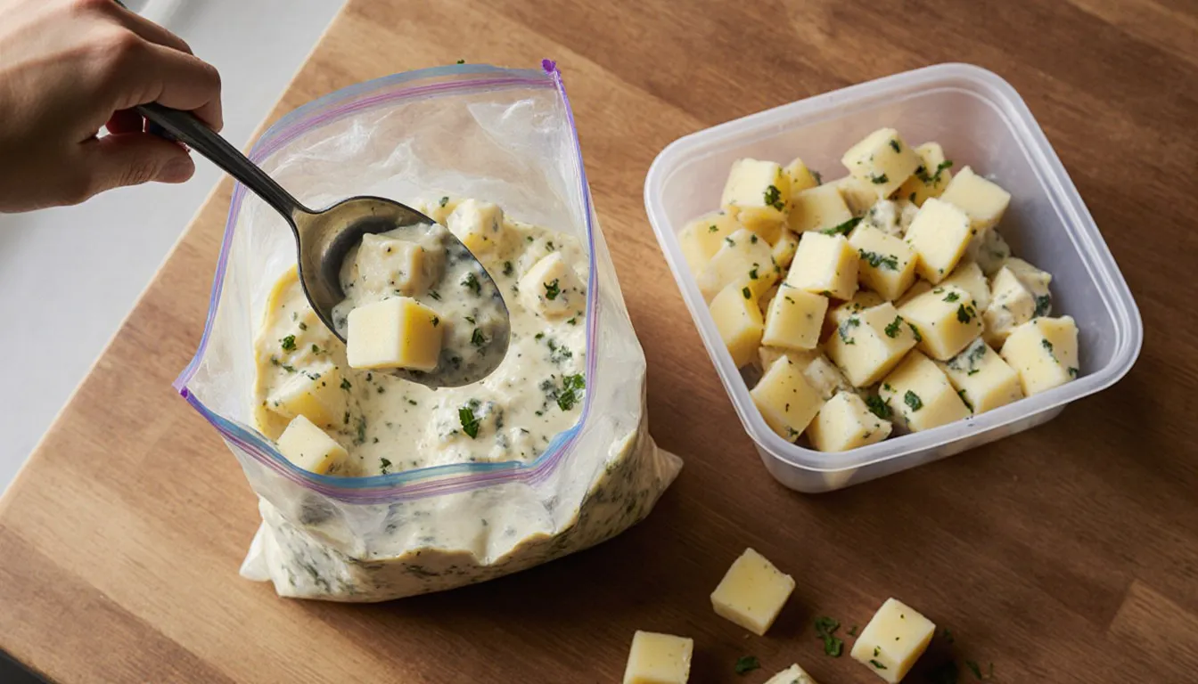 Potato salad being packed into a freezer bag and an airtight container for freezing