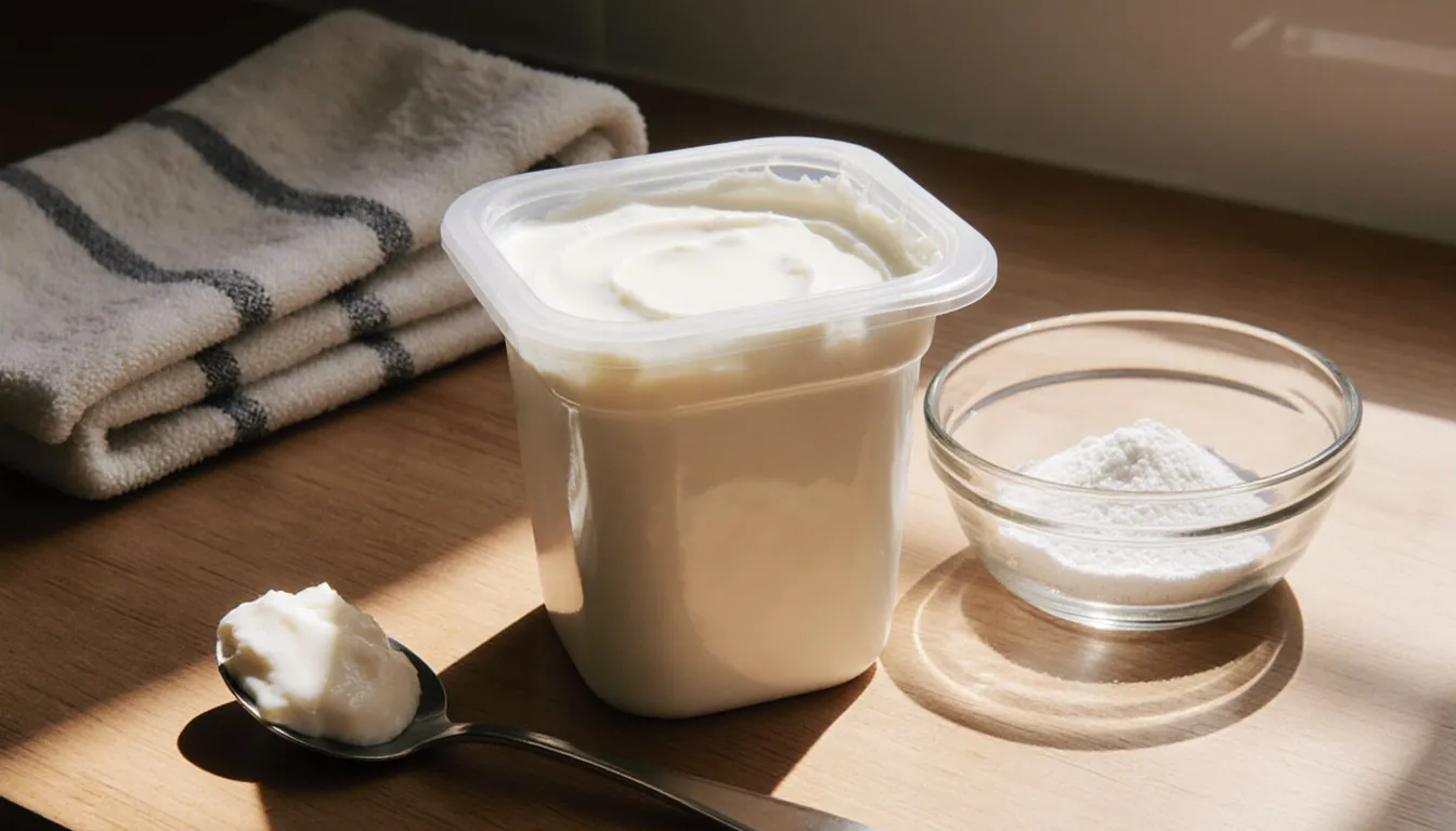 A container of sour cream with a spoon and cornstarch on a kitchen counter, ready for freezing