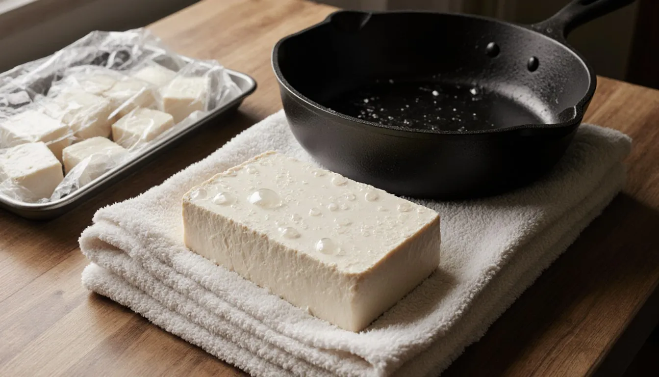 A block of tofu being pressed under a towel and heavy pan beside a tray of tofu cubes wrapped for freezing